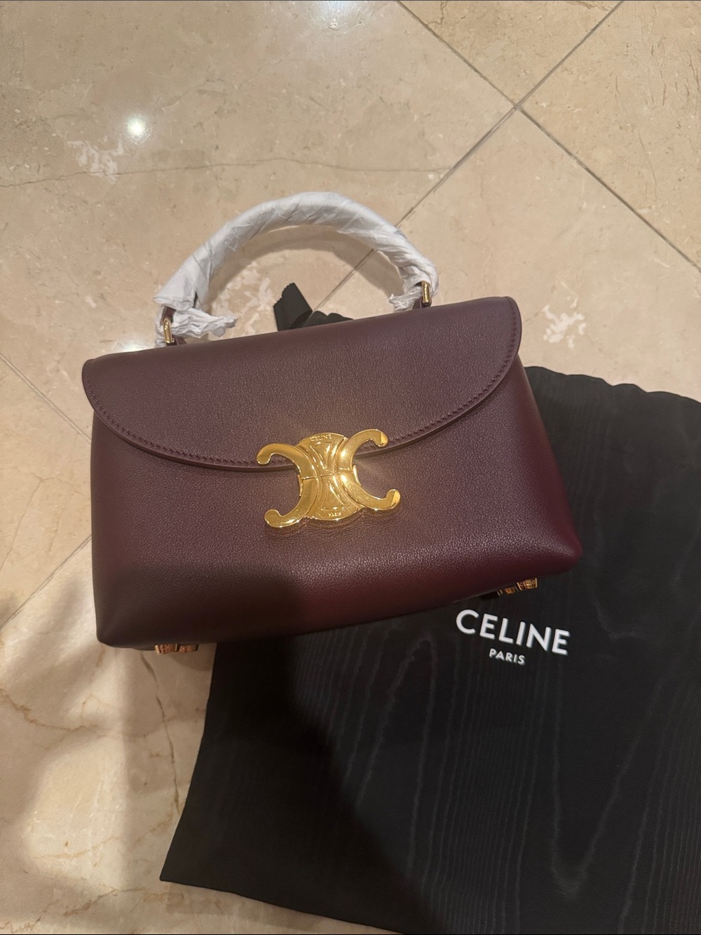 NEW AUTHENTIC Celine Triomphe Top Handle Satchel in Burgundy with Gold Hardware